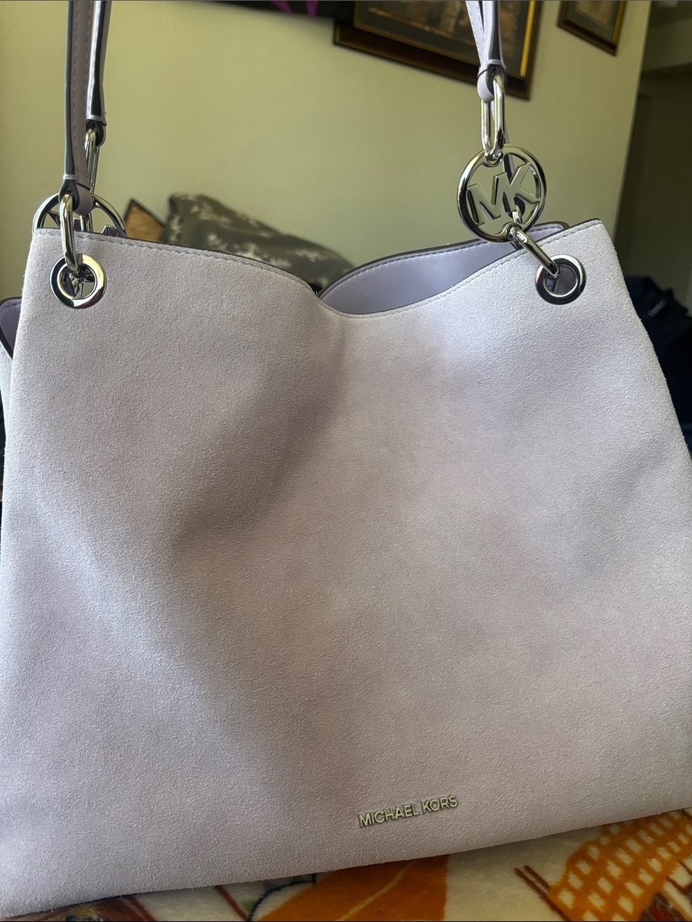 Michael Kors Pale Pink Suede Shoulder Tote with Silver Hardware